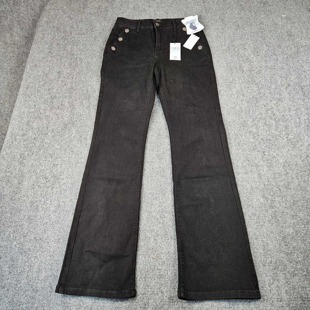 Curve Appeal Womens Black Flare Sailor Jeans High Rise Button Detail 4/27 NEW